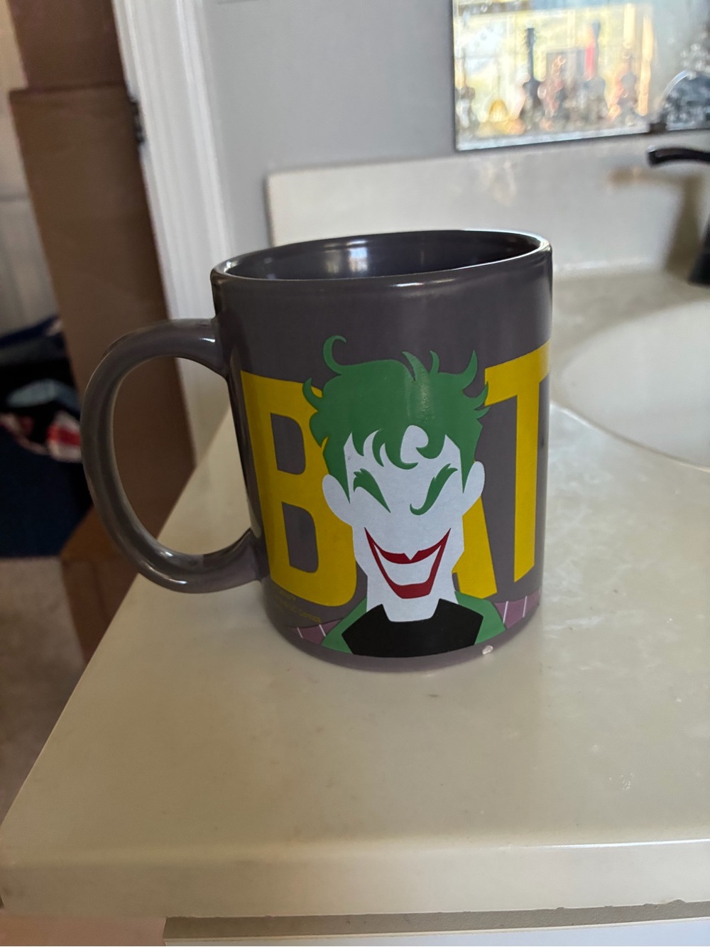 Gray Batman and Joker Graphic Ceramic Coffee Mug - Green & Yellow Accent